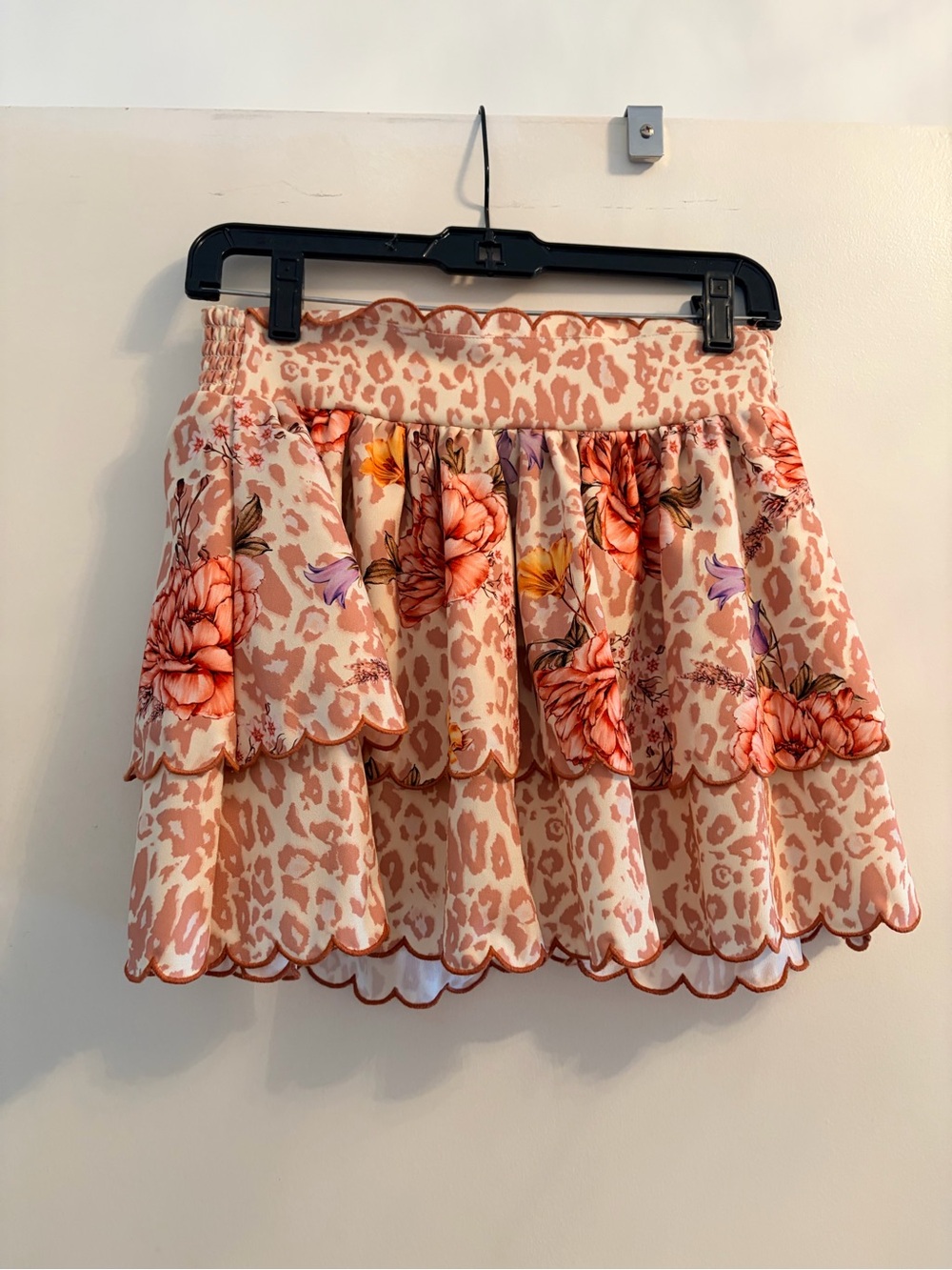 Agua Bendita Blush Pink Floral Tiered Scallop Hem Mini Skirt